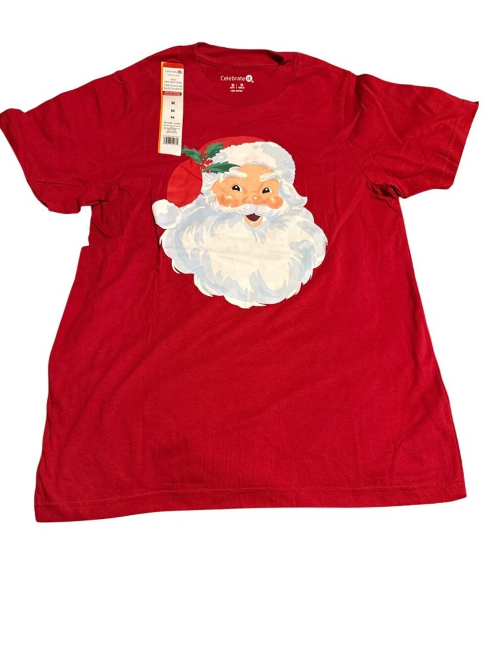 Celebrate It Red Santa Claus Graphic T-Shirt Adult M 100% Cotton Holiday Cheer T